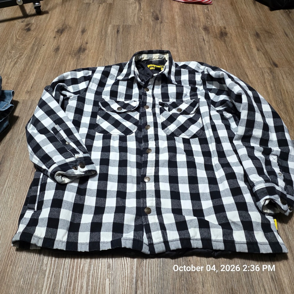 Brazos Work Force Mens XL Quilted Flannel Shirt Jacket Black White Buffalo Plaid